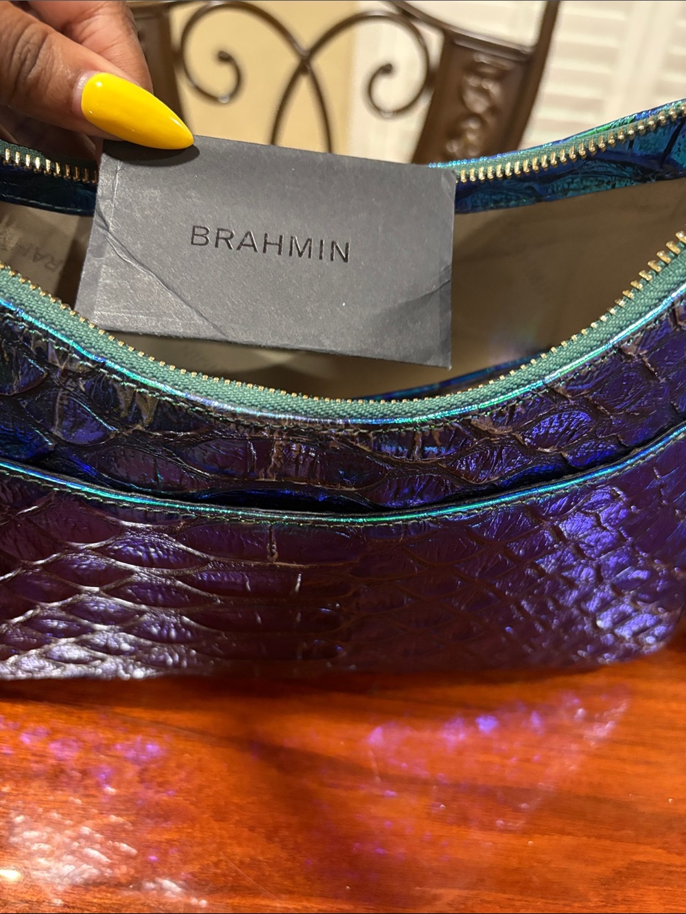 Brahmin Iridescent Green-Blue Textured Shoulder Bag - Picture 9 of 12